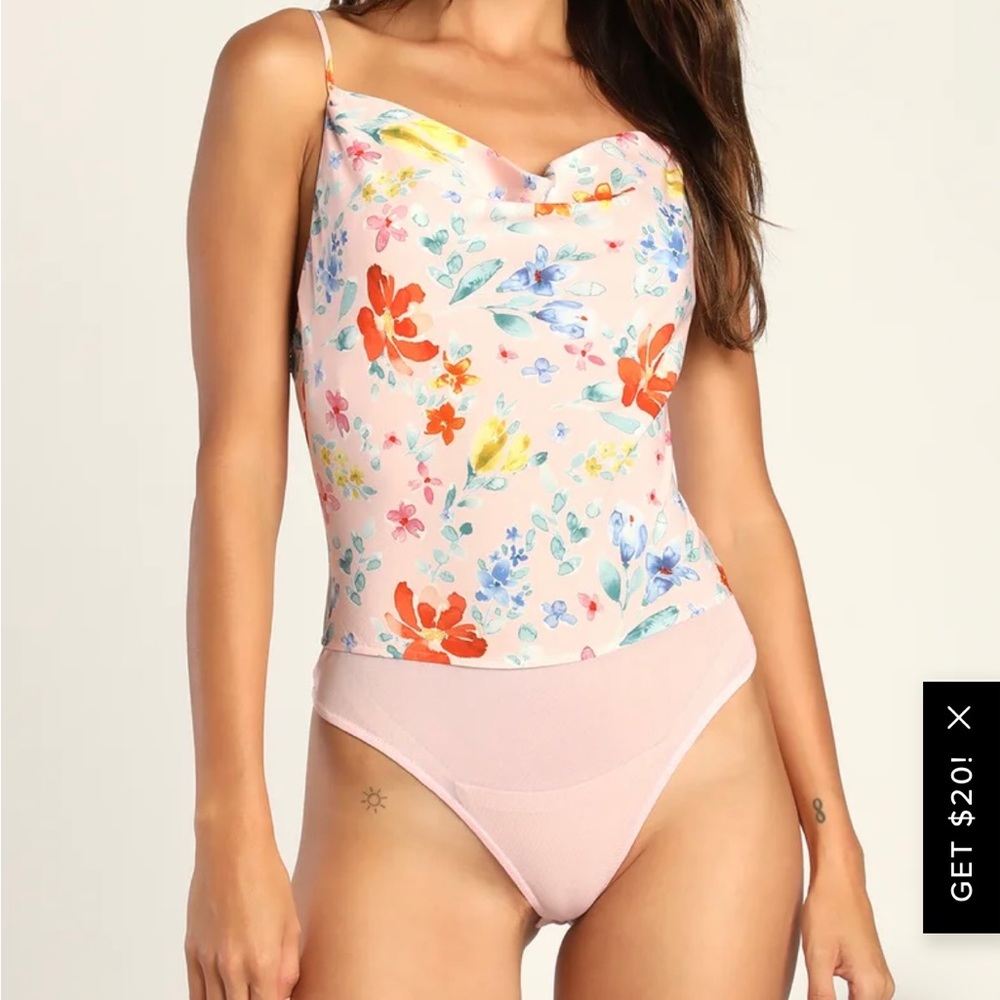 Botanical Bombshell Pink Floral Print Cowl Neck Bodysuit